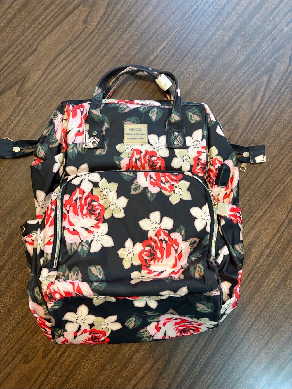 VSNOON Floral Backpack Tote Bag Black Pink Cream Roses RFID Charging